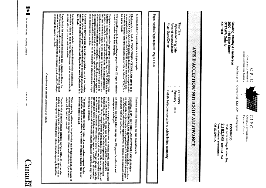 Document de brevet canadien 2182383. Correspondance 19990406. Image 1 de 1