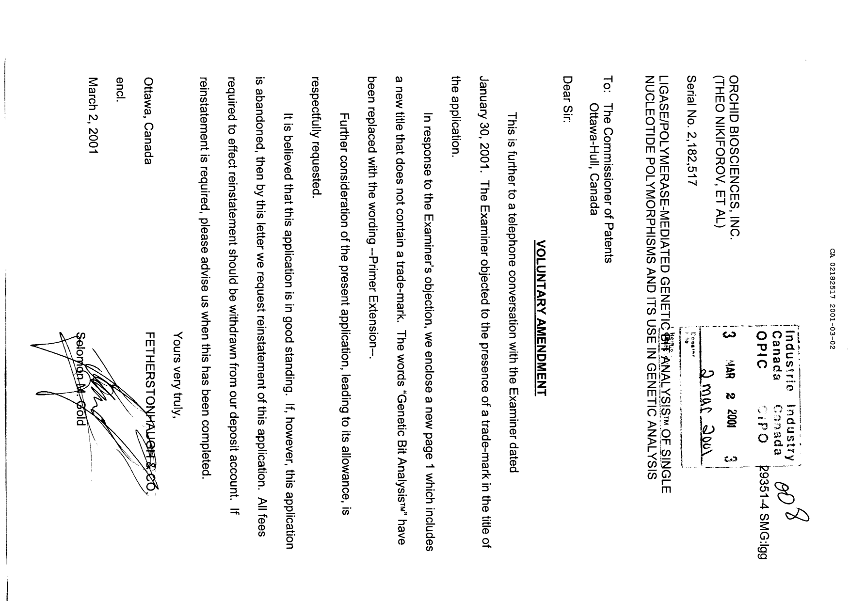 Canadian Patent Document 2182517. Prosecution-Amendment 20010302. Image 1 of 2