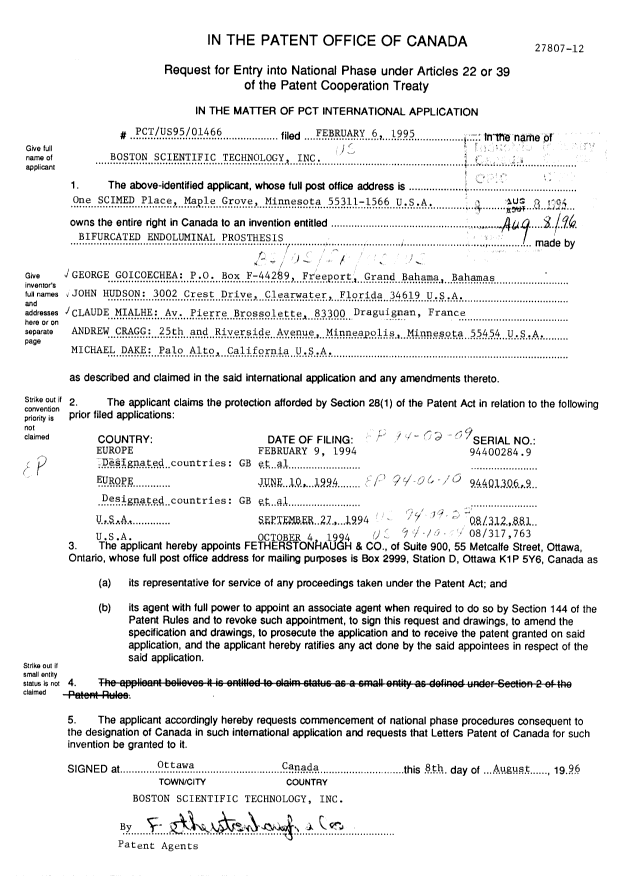 Document de brevet canadien 2182982. Cession 19960808. Image 2 de 23