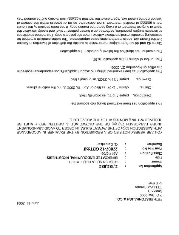 Canadian Patent Document 2182982. Prosecution-Amendment 20040614. Image 1 of 4