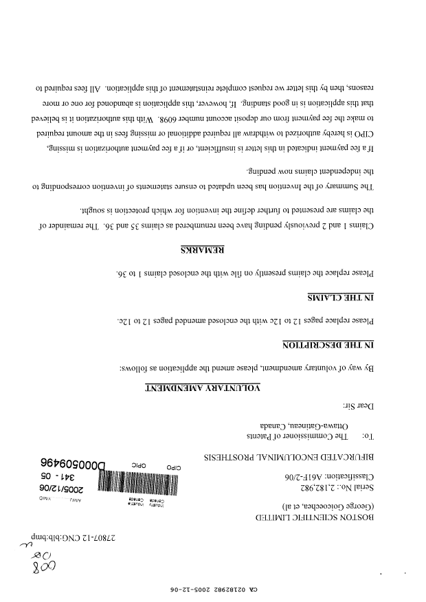 Canadian Patent Document 2182982. Prosecution-Amendment 20051206. Image 1 of 12