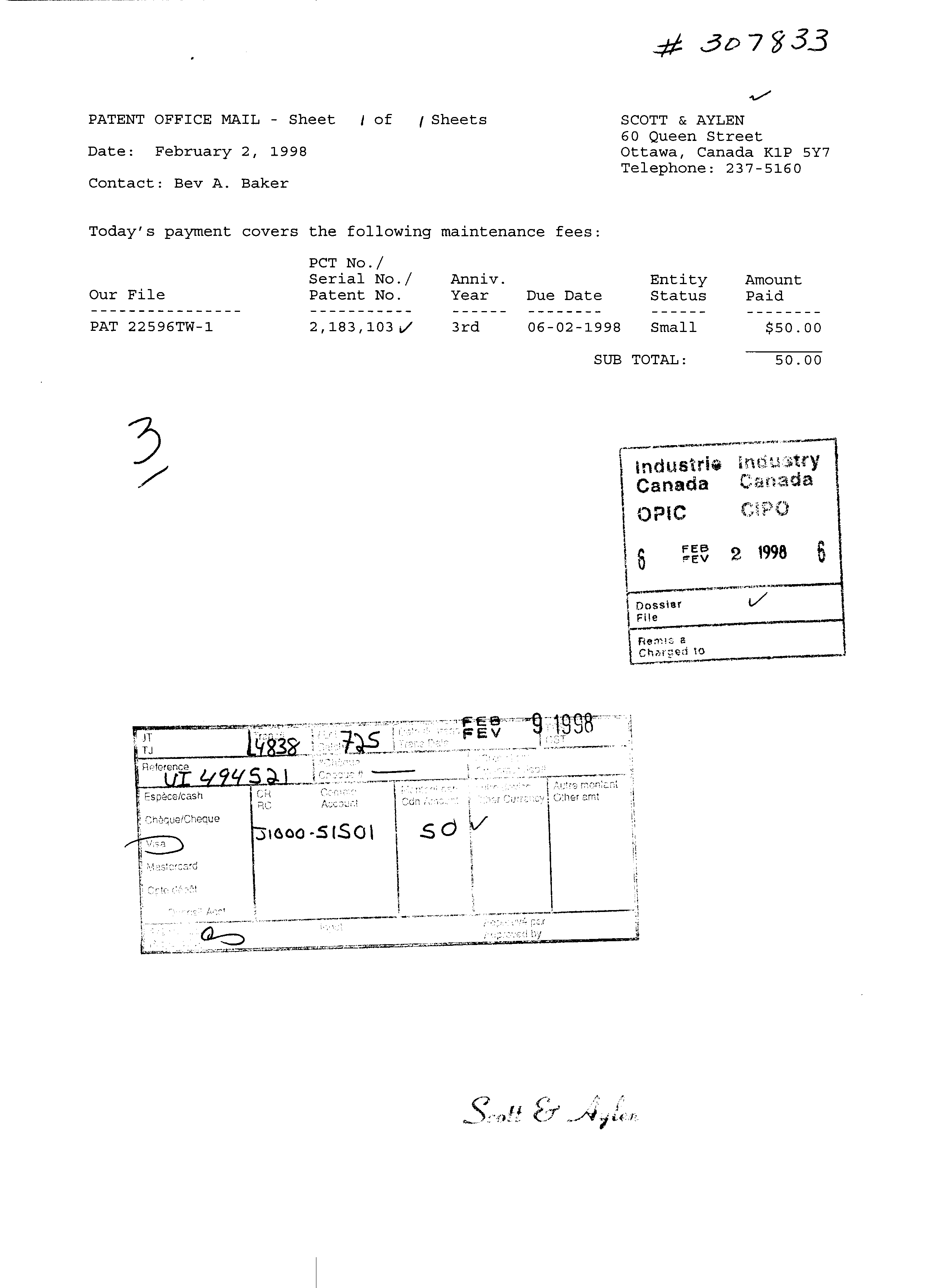 Canadian Patent Document 2183103. Fees 19980202. Image 1 of 1