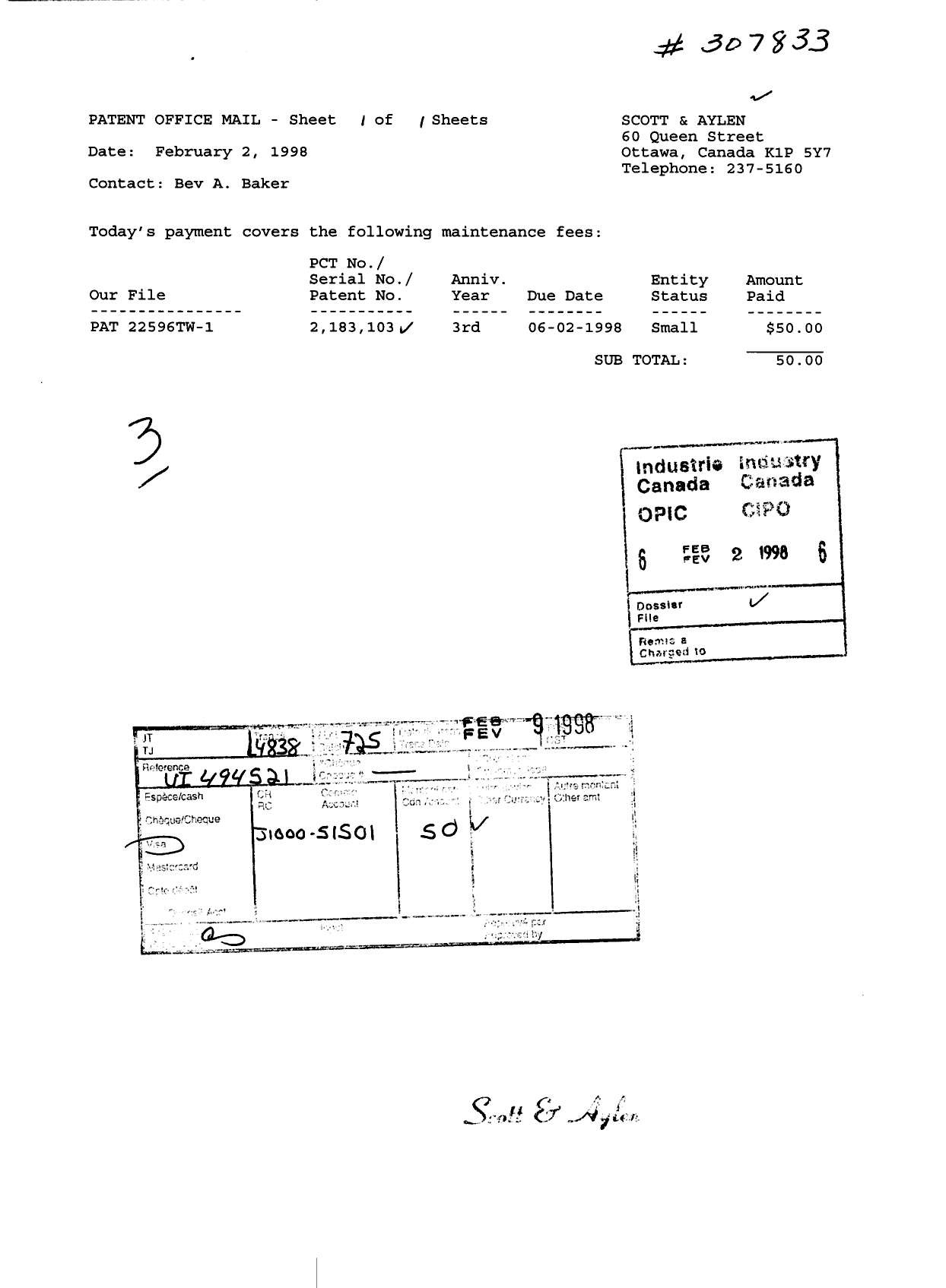 Document de brevet canadien 2183103. Taxes 19980202. Image 1 de 1