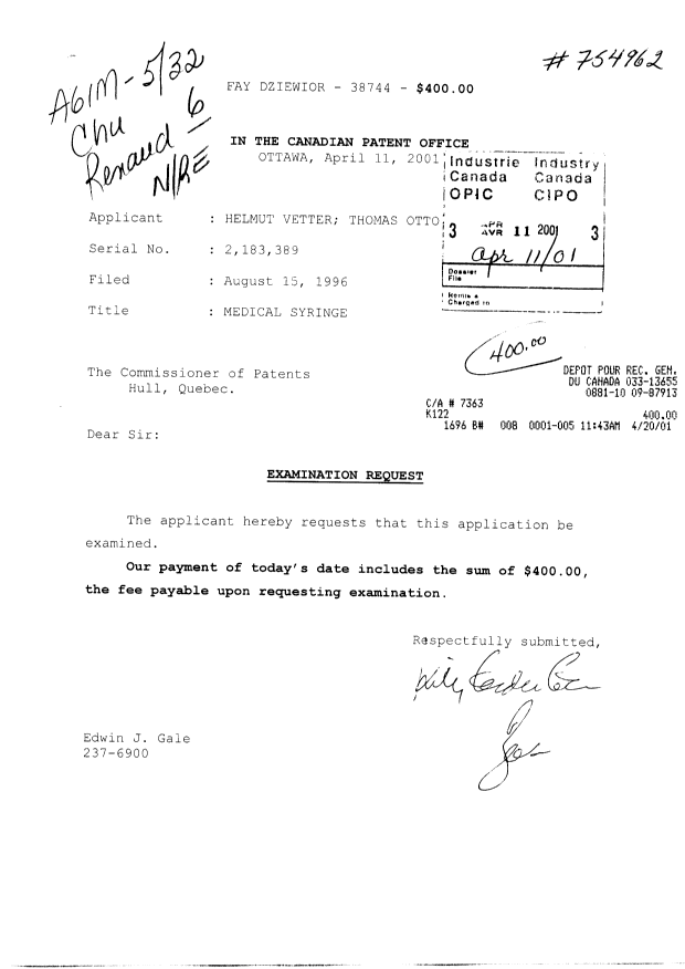 Canadian Patent Document 2183389. Prosecution-Amendment 20010411. Image 1 of 1