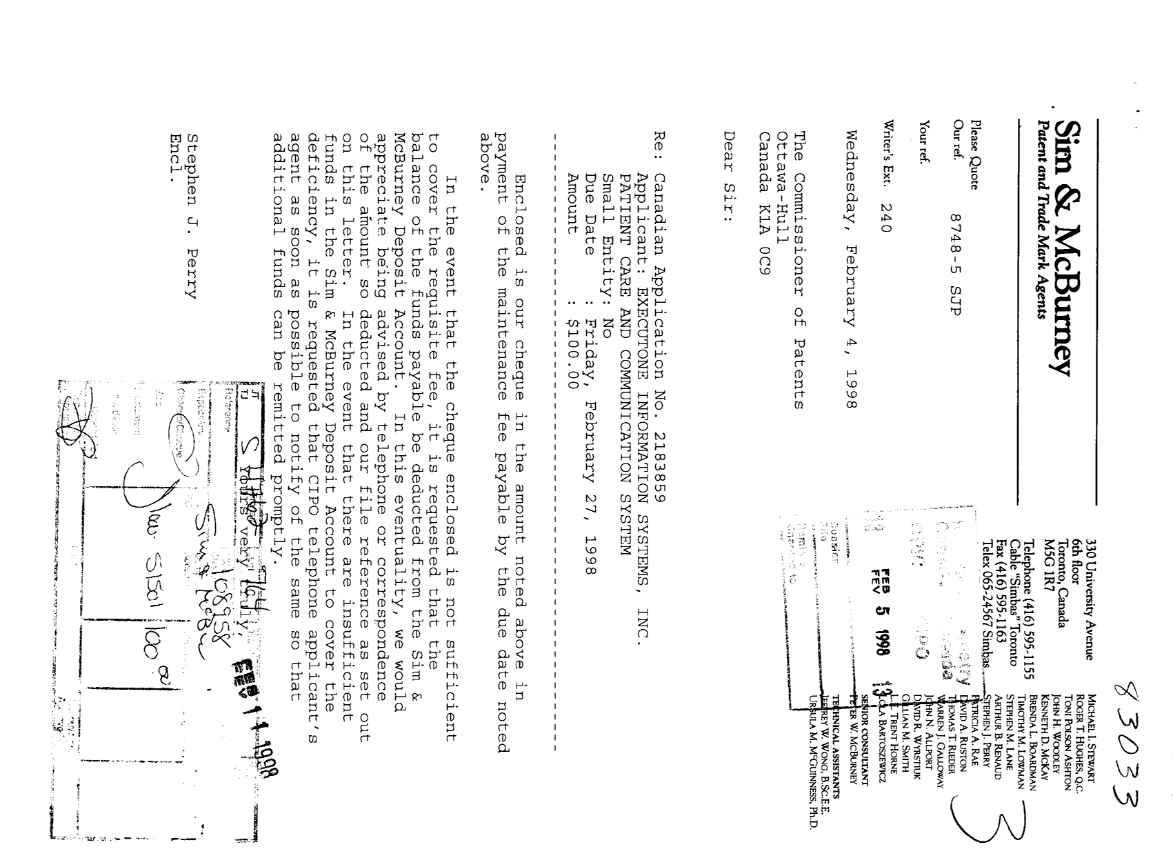 Canadian Patent Document 2183859. Fees 19980205. Image 1 of 1