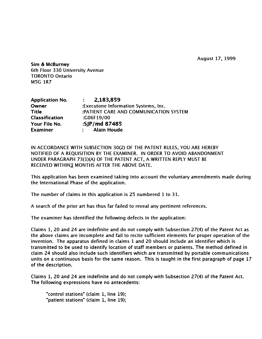 Document de brevet canadien 2183859. Poursuite-Amendment 19990817. Image 1 de 2