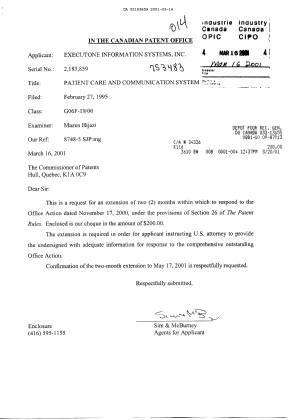 Document de brevet canadien 2183859. Correspondance 20010316. Image 1 de 1