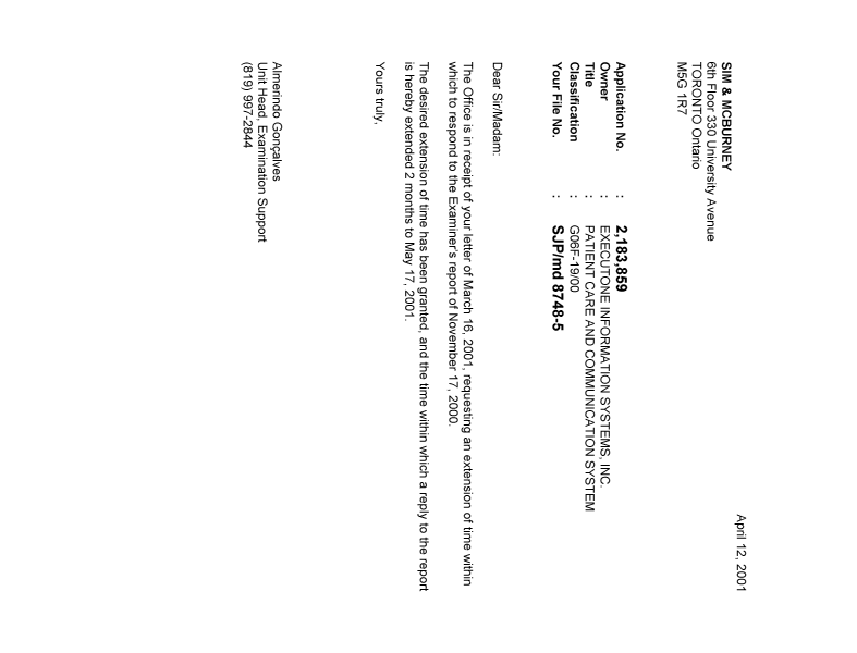 Document de brevet canadien 2183859. Correspondance 20010412. Image 1 de 1