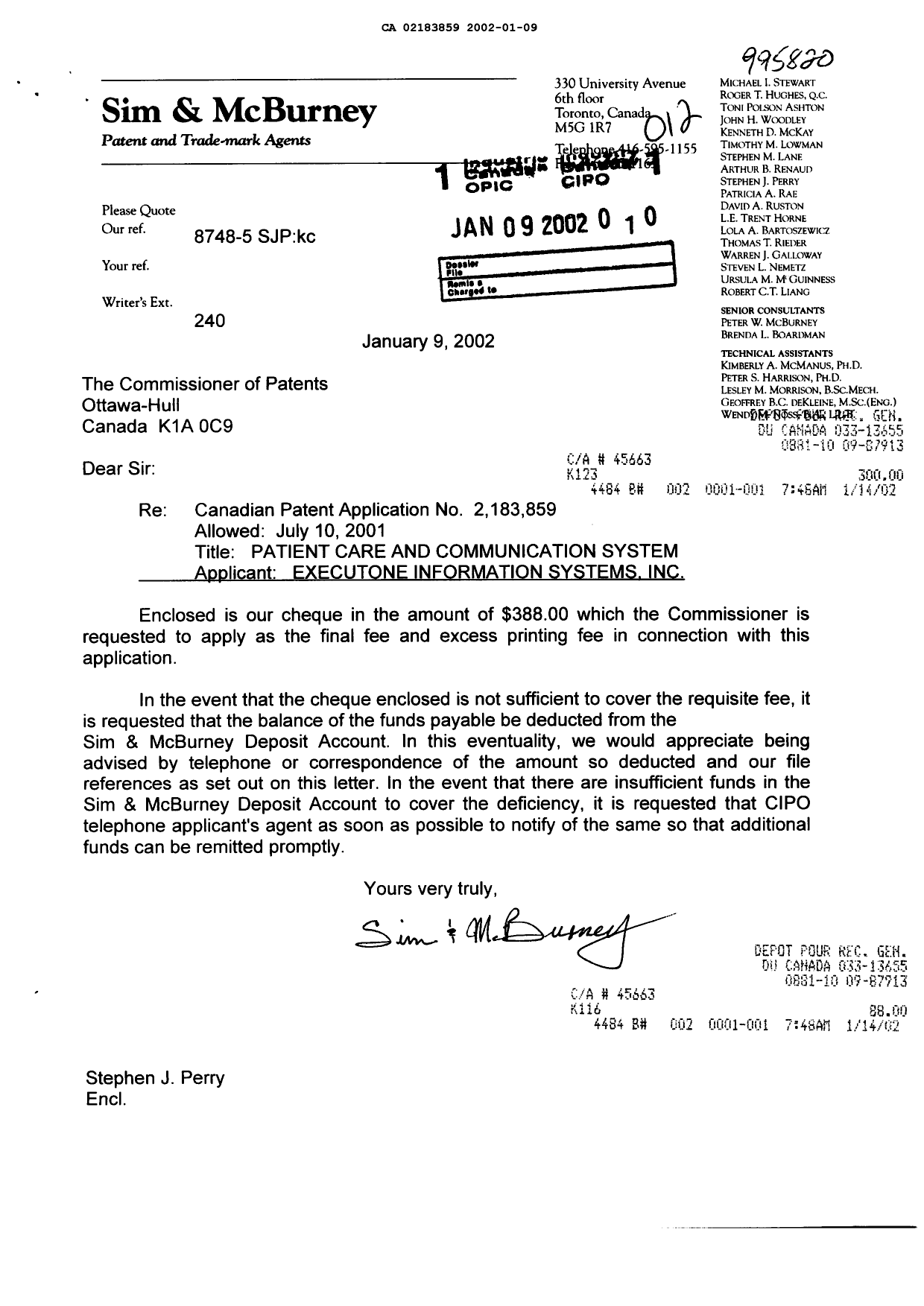 Document de brevet canadien 2183859. Correspondance 20020109. Image 1 de 1