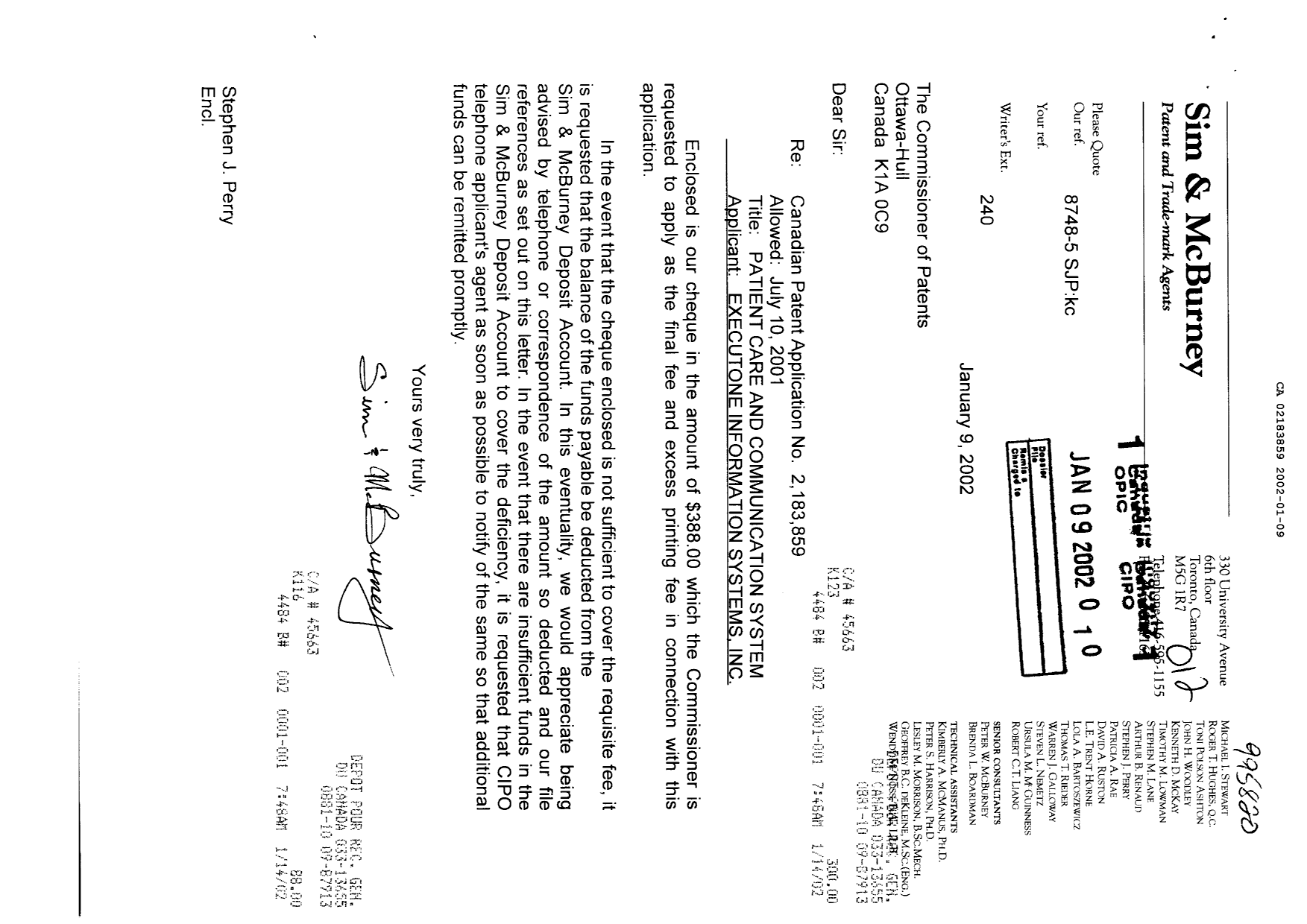 Canadian Patent Document 2183859. Correspondence 20020109. Image 1 of 1