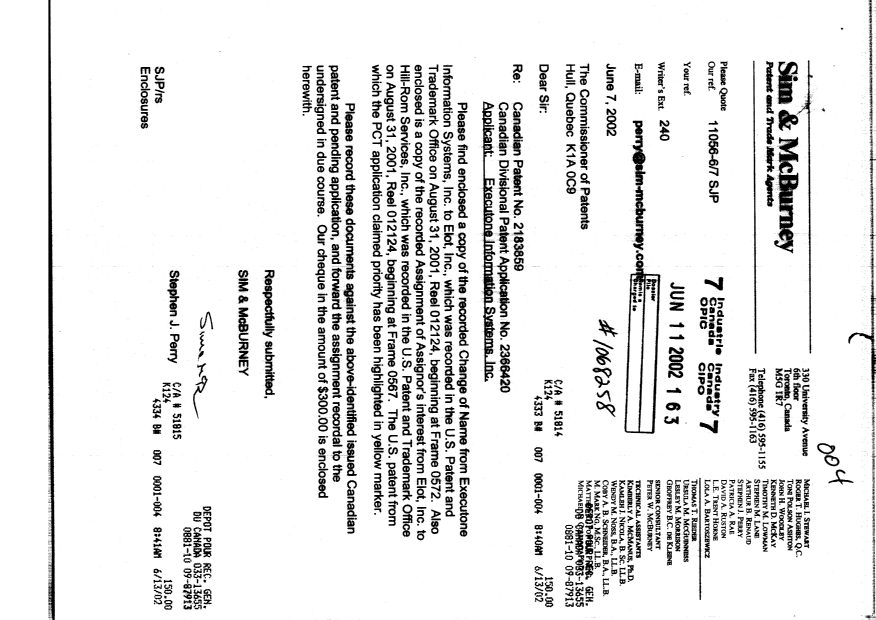 Document de brevet canadien 2183859. Cession 20020611. Image 1 de 15
