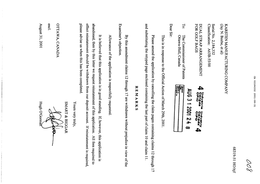 Canadian Patent Document 2184332. Prosecution-Amendment 20010831. Image 1 of 2