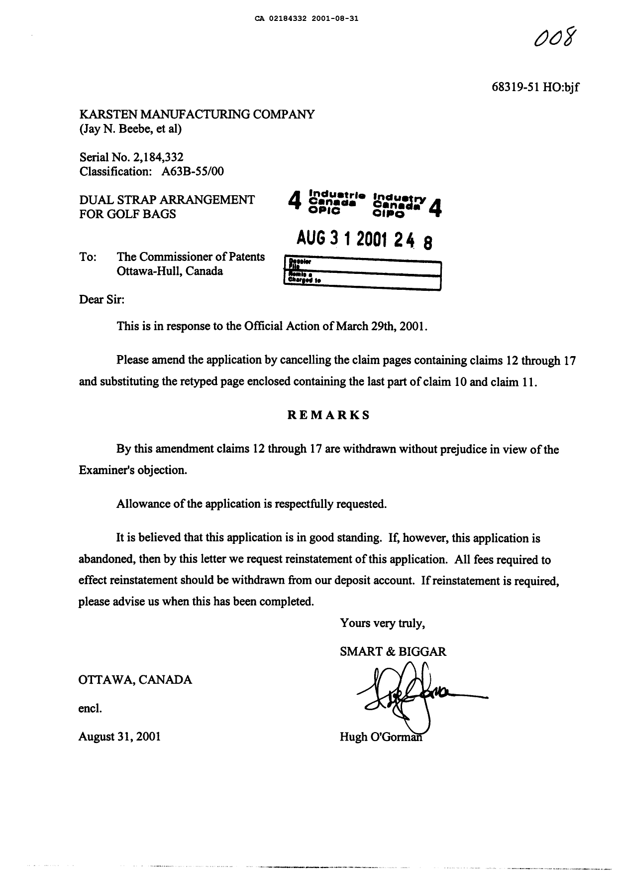 Document de brevet canadien 2184332. Poursuite-Amendment 20010831. Image 1 de 2