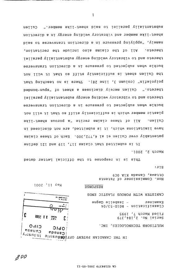 Canadian Patent Document 2184379. Prosecution-Amendment 20010511. Image 1 of 2