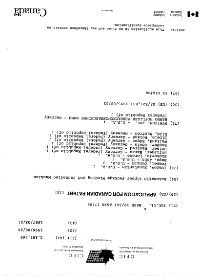Canadian Patent Document 2184466. Cover Page 19960829. Image 1 of 1