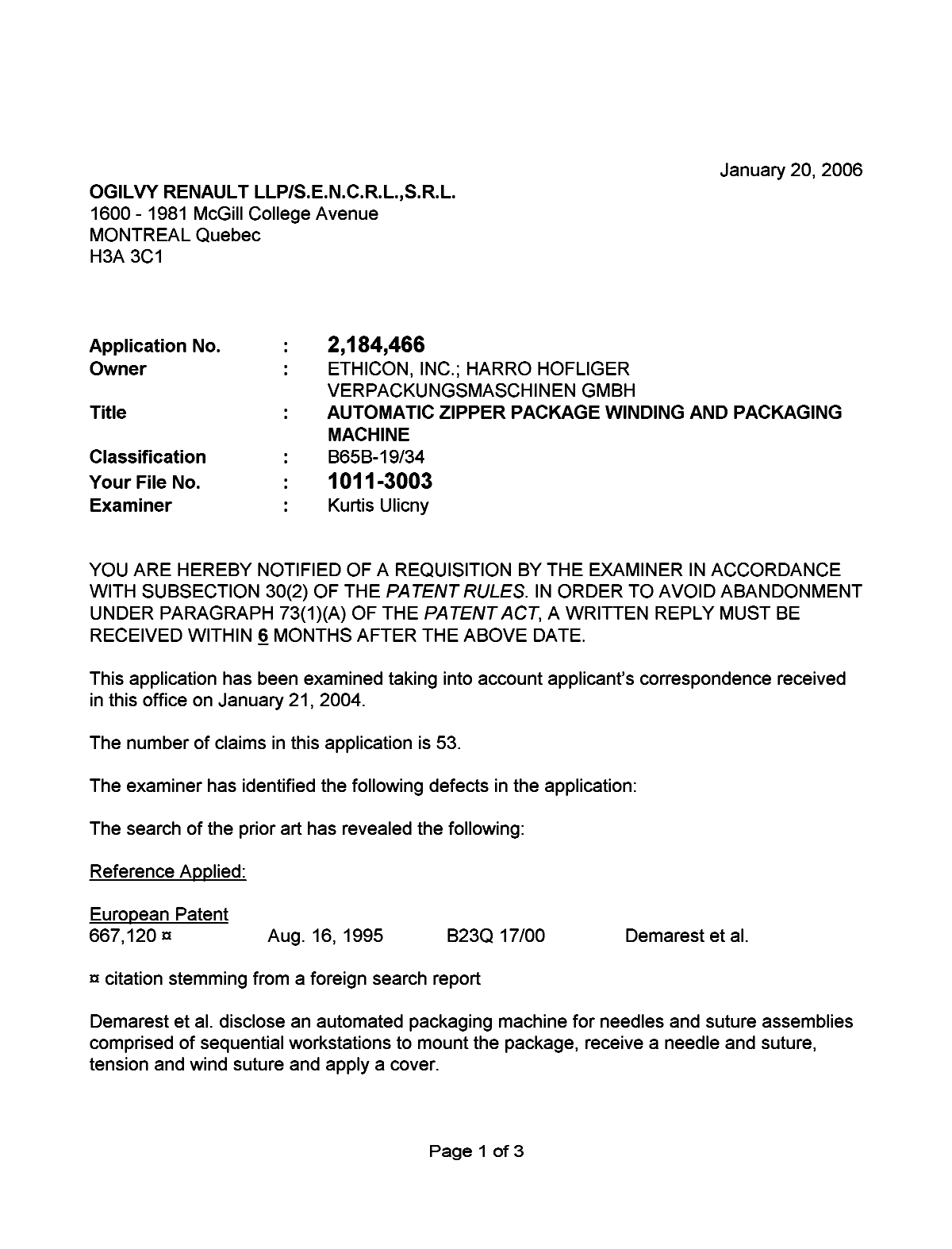 Document de brevet canadien 2184466. Poursuite-Amendment 20060120. Image 1 de 3