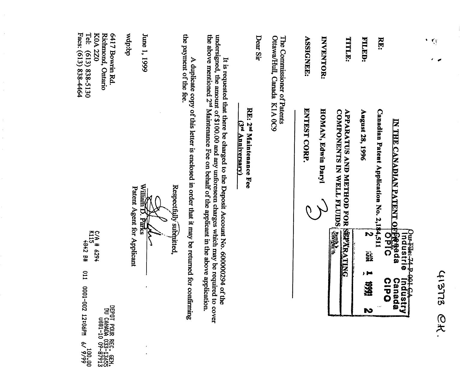 Document de brevet canadien 2184511. Taxes 19990601. Image 1 de 1