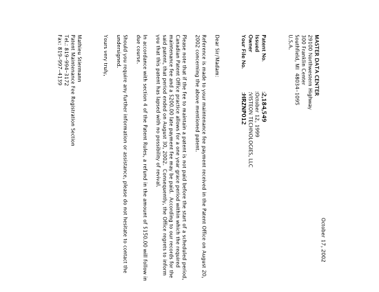 Canadian Patent Document 2184549. Correspondence 20021017. Image 1 of 1