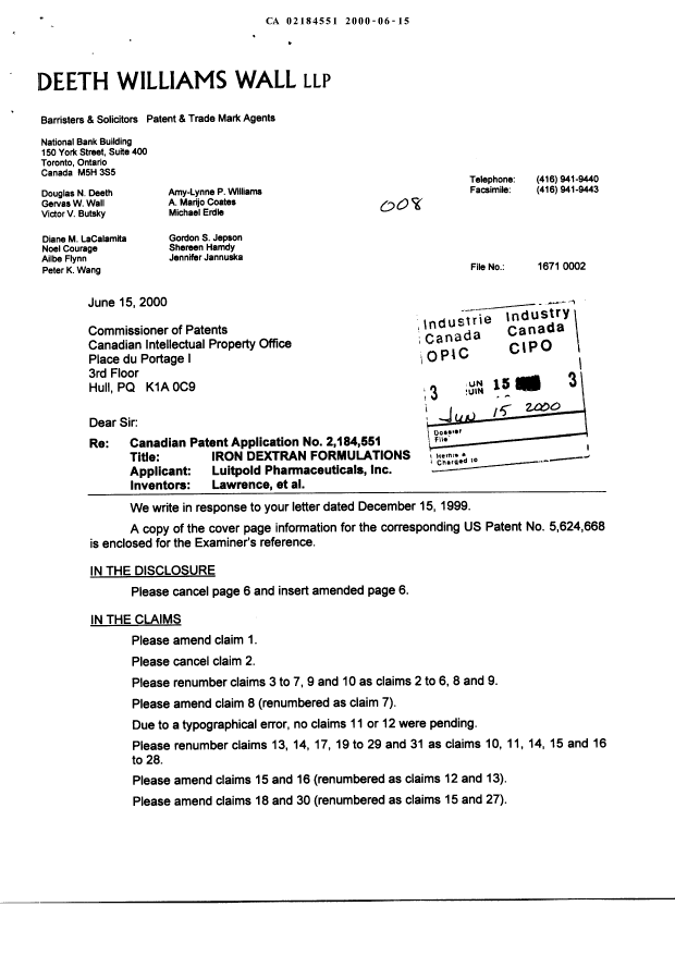 Document de brevet canadien 2184551. Poursuite-Amendment 20000615. Image 1 de 15