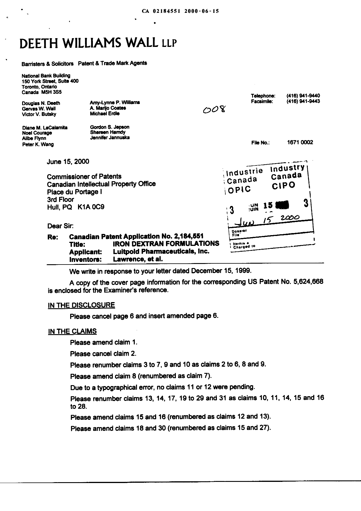 Canadian Patent Document 2184551. Prosecution-Amendment 20000615. Image 1 of 15