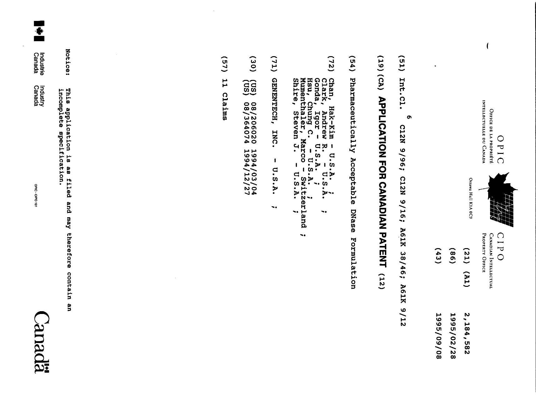 Canadian Patent Document 2184582. Cover Page 19961210. Image 1 of 1