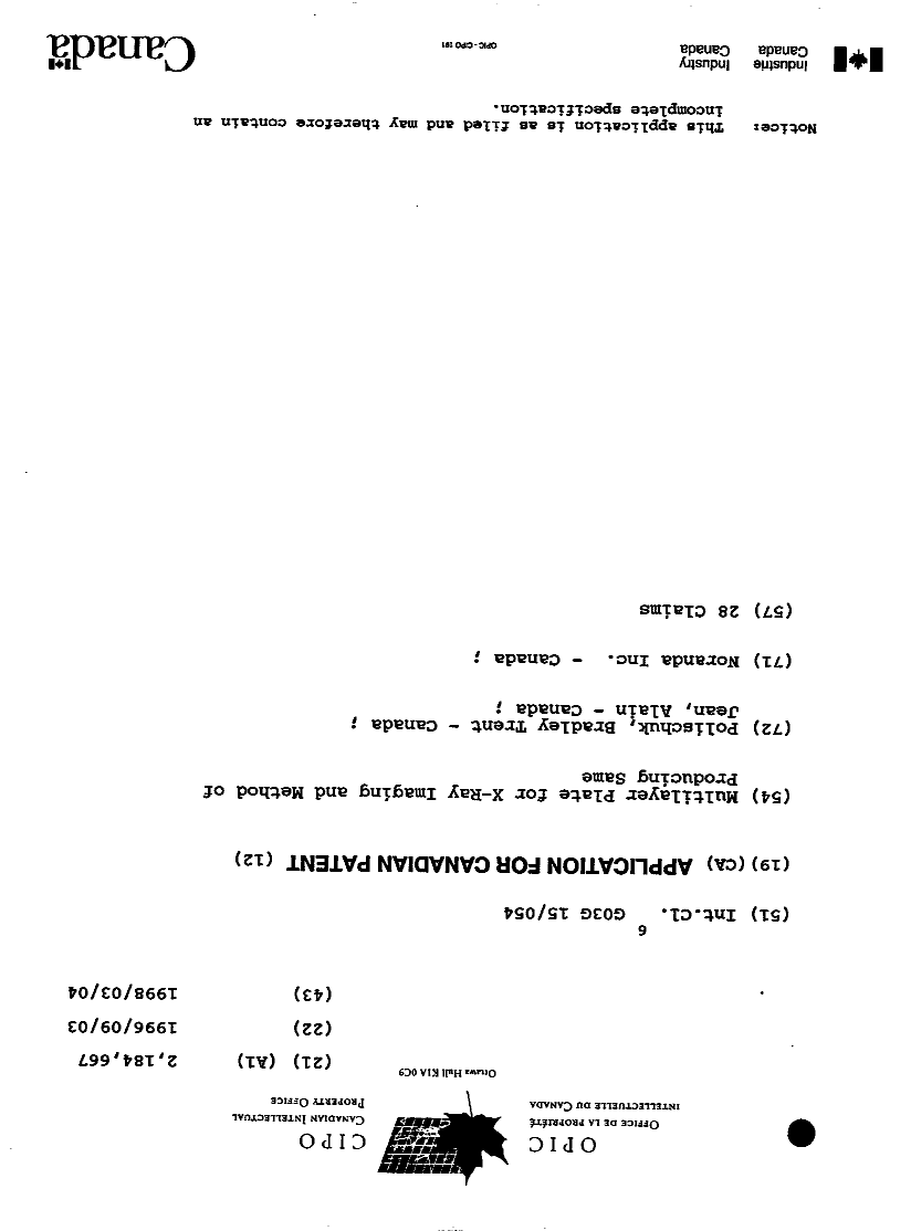 Canadian Patent Document 2184667. Cover Page 19961202. Image 1 of 1