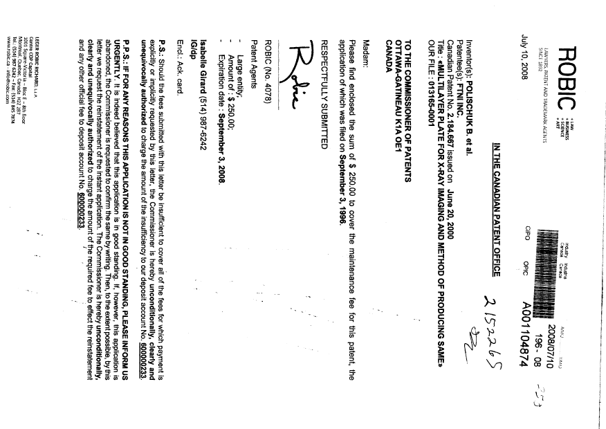 Document de brevet canadien 2184667. Taxes 20080710. Image 1 de 1