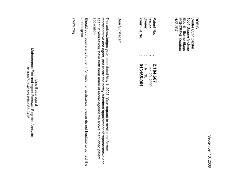 Document de brevet canadien 2184667. Correspondance 20080916. Image 1 de 1