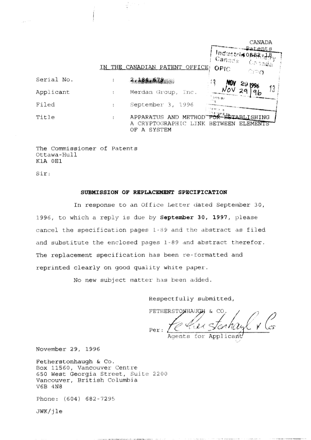 Canadian Patent Document 2184679. Correspondence 19960930. Image 3 of 93