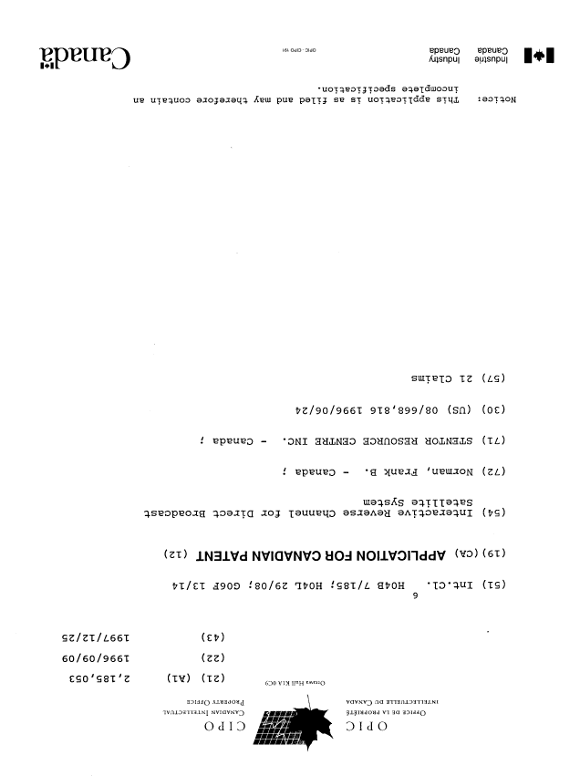 Document de brevet canadien 2185053. Page couverture 19951217. Image 1 de 1