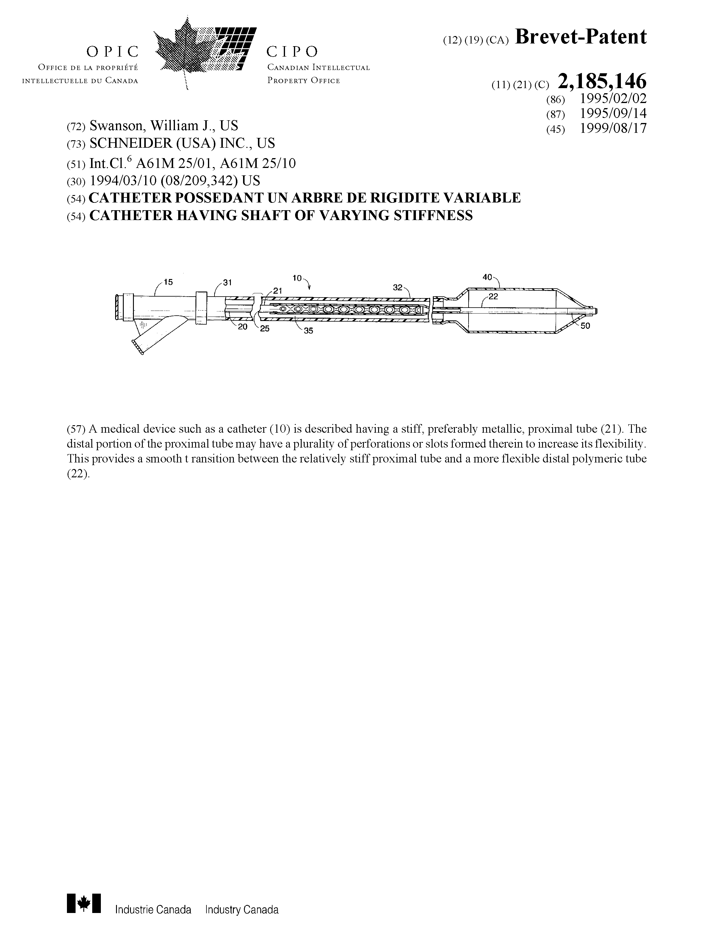 Canadian Patent Document 2185146. Cover Page 19990810. Image 1 of 1