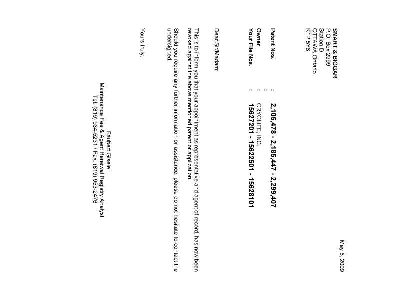 Document de brevet canadien 2185447. Correspondance 20090505. Image 1 de 1