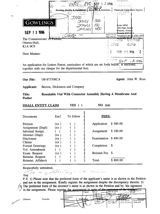 Document de brevet canadien 2185494. Cession 19960913. Image 1 de 9