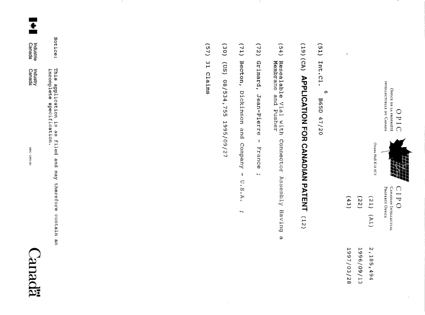 Document de brevet canadien 2185494. Page couverture 20001130. Image 1 de 1