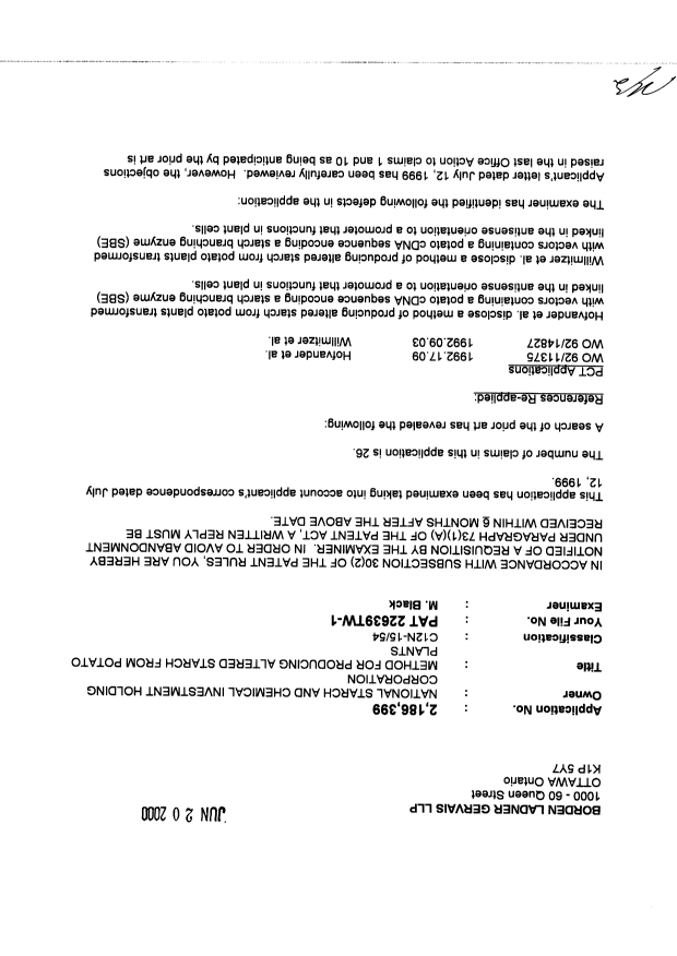 Canadian Patent Document 2186399. Prosecution-Amendment 20000620. Image 1 of 3