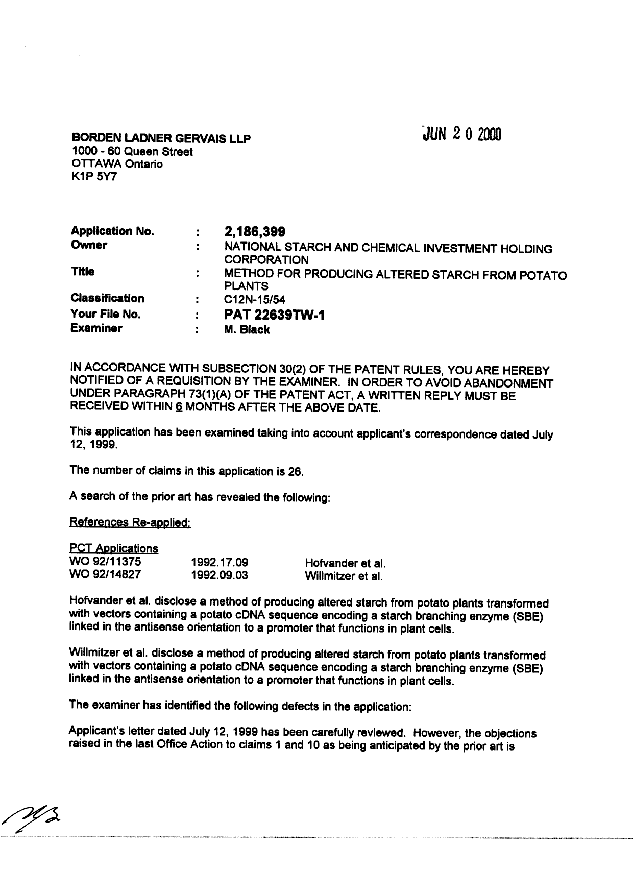 Document de brevet canadien 2186399. Poursuite-Amendment 20000620. Image 1 de 3