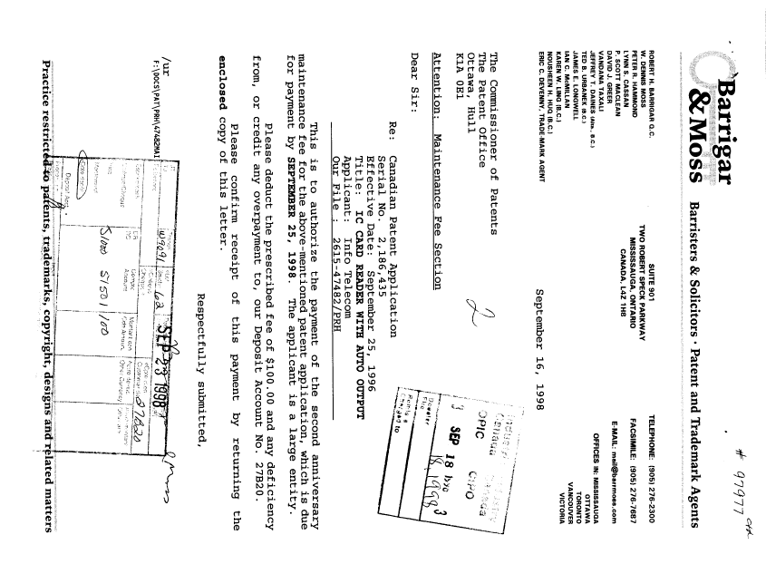 Document de brevet canadien 2186435. Taxes 19980918. Image 1 de 1