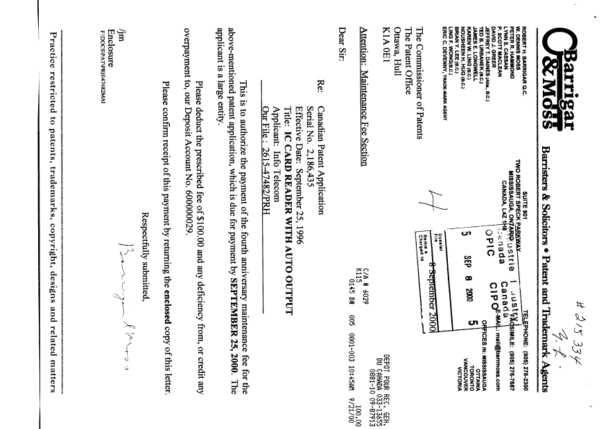 Document de brevet canadien 2186435. Taxes 20000908. Image 1 de 1