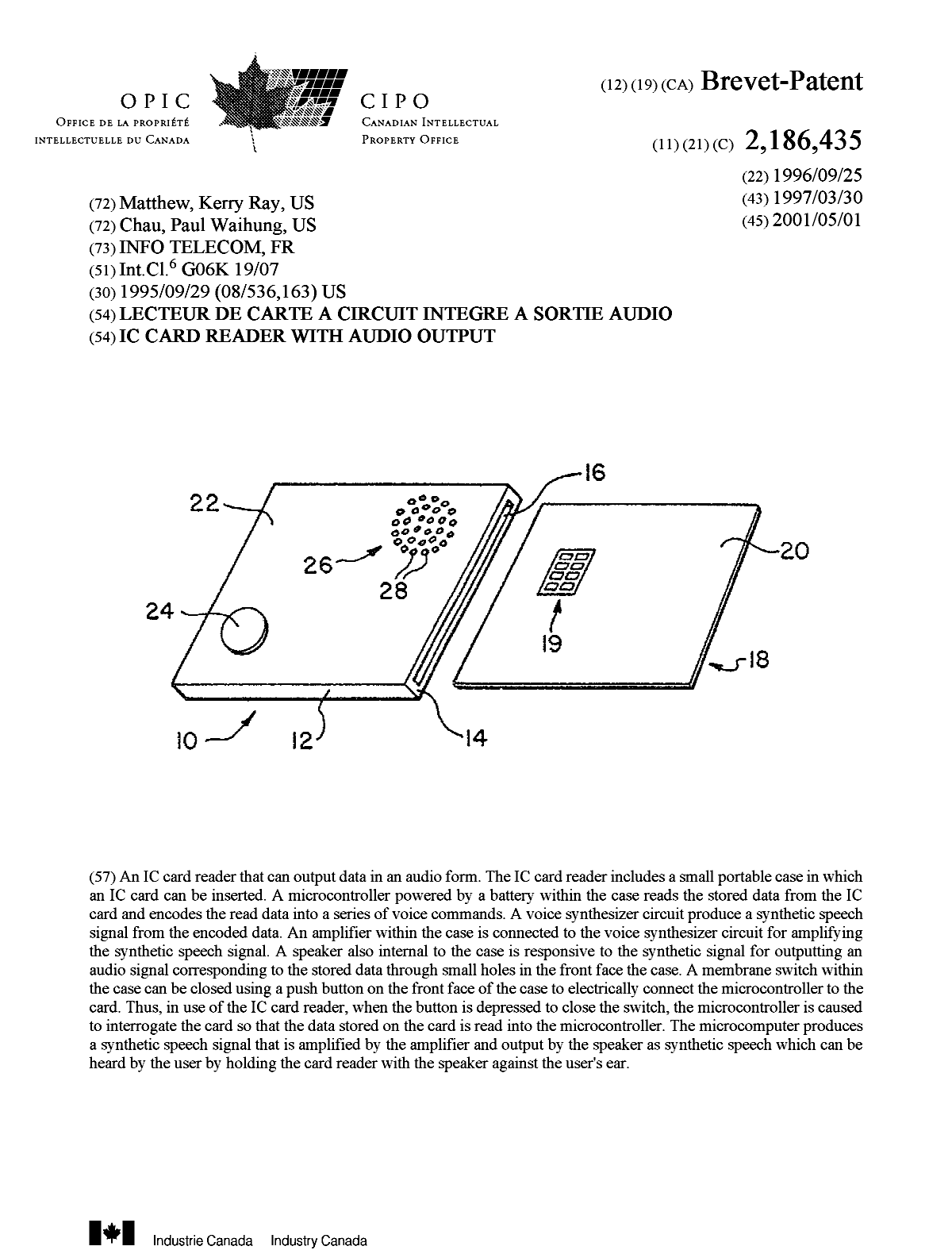 Document de brevet canadien 2186435. Page couverture 20010406. Image 1 de 1