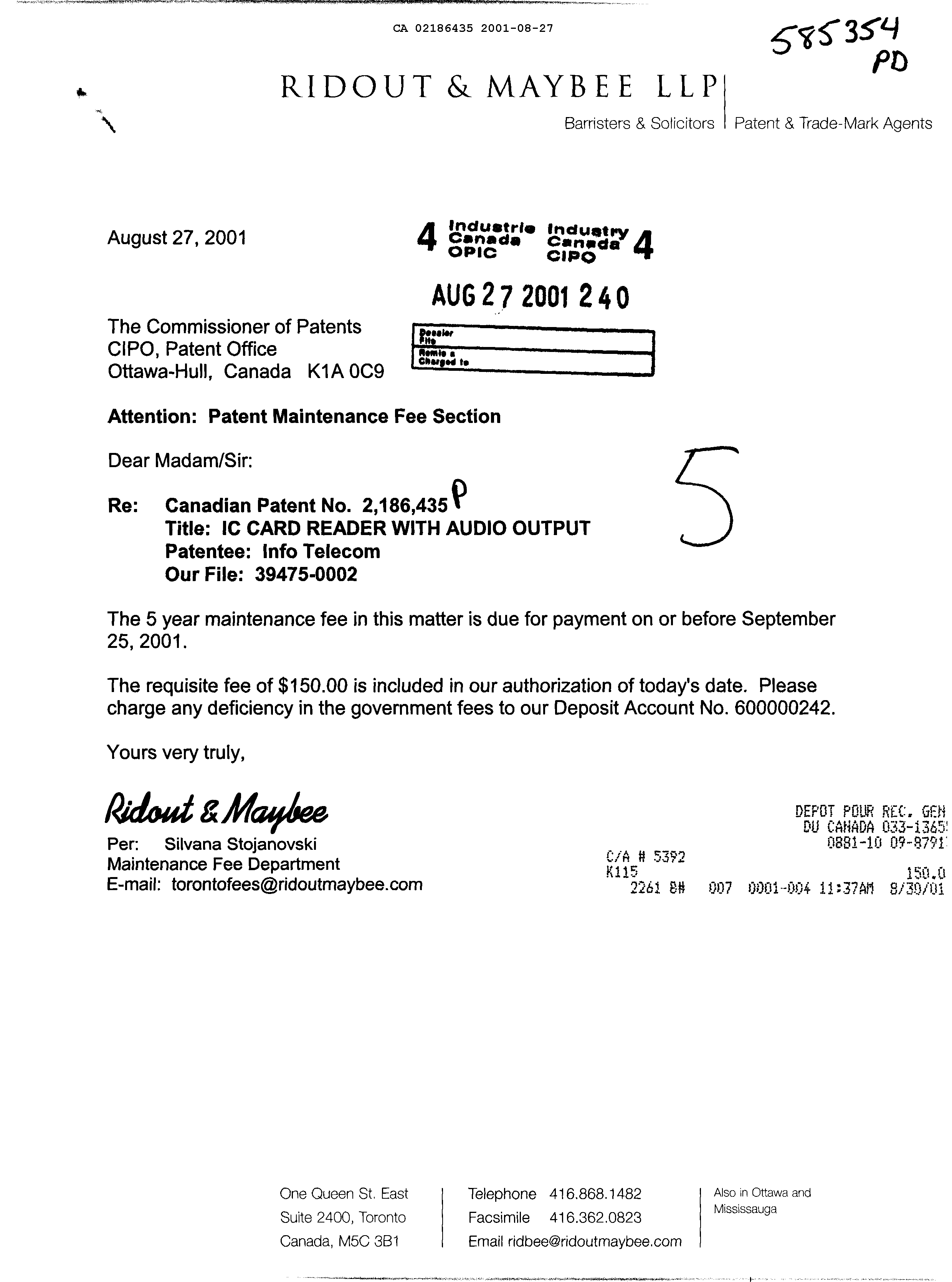 Canadian Patent Document 2186435. Fees 20010827. Image 1 of 1