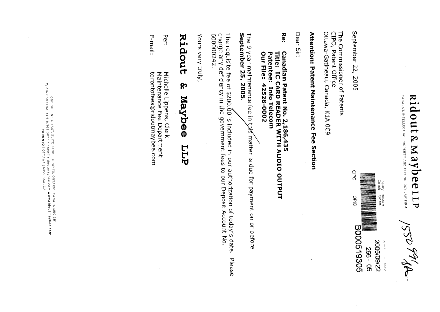 Document de brevet canadien 2186435. Taxes 20050922. Image 1 de 1