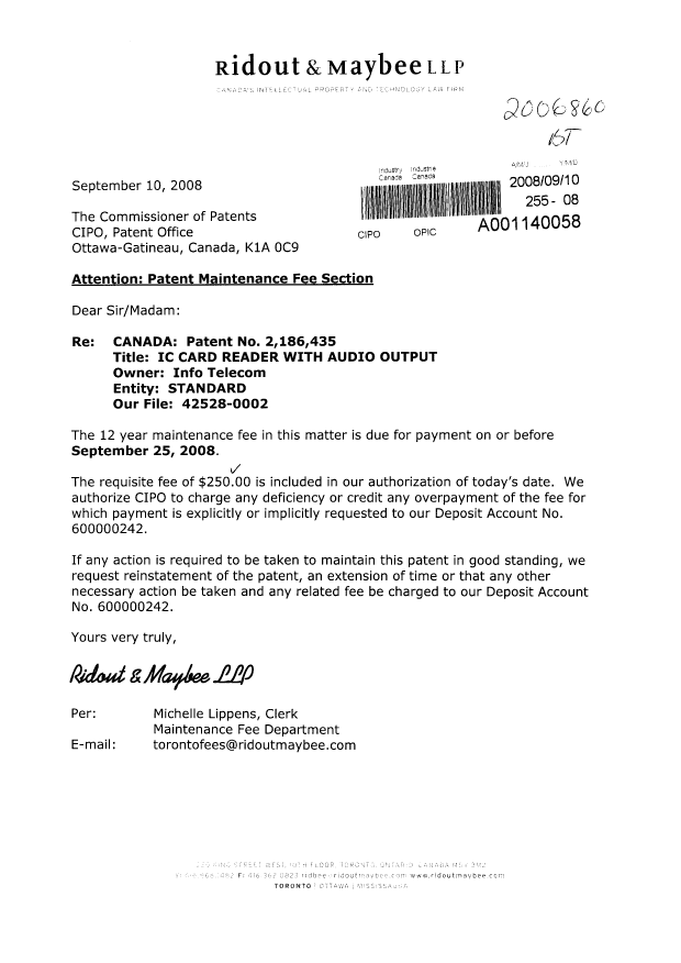 Canadian Patent Document 2186435. Fees 20080910. Image 1 of 1