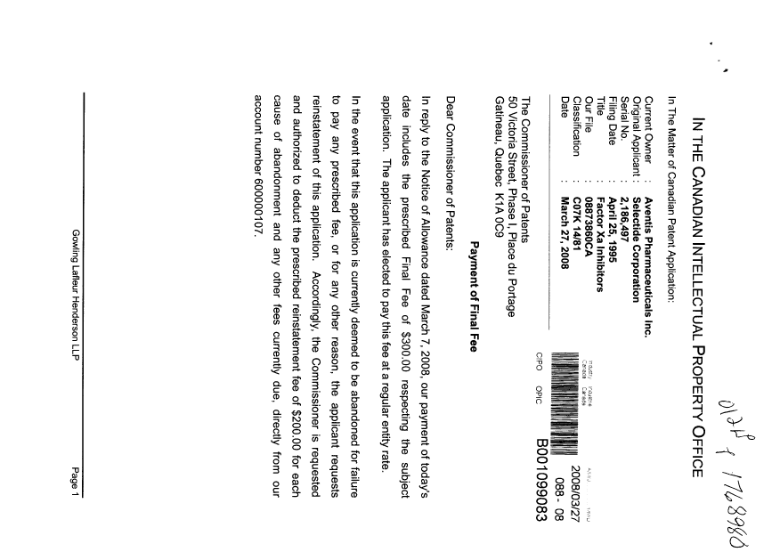 Document de brevet canadien 2186497. Correspondance 20080327. Image 1 de 2