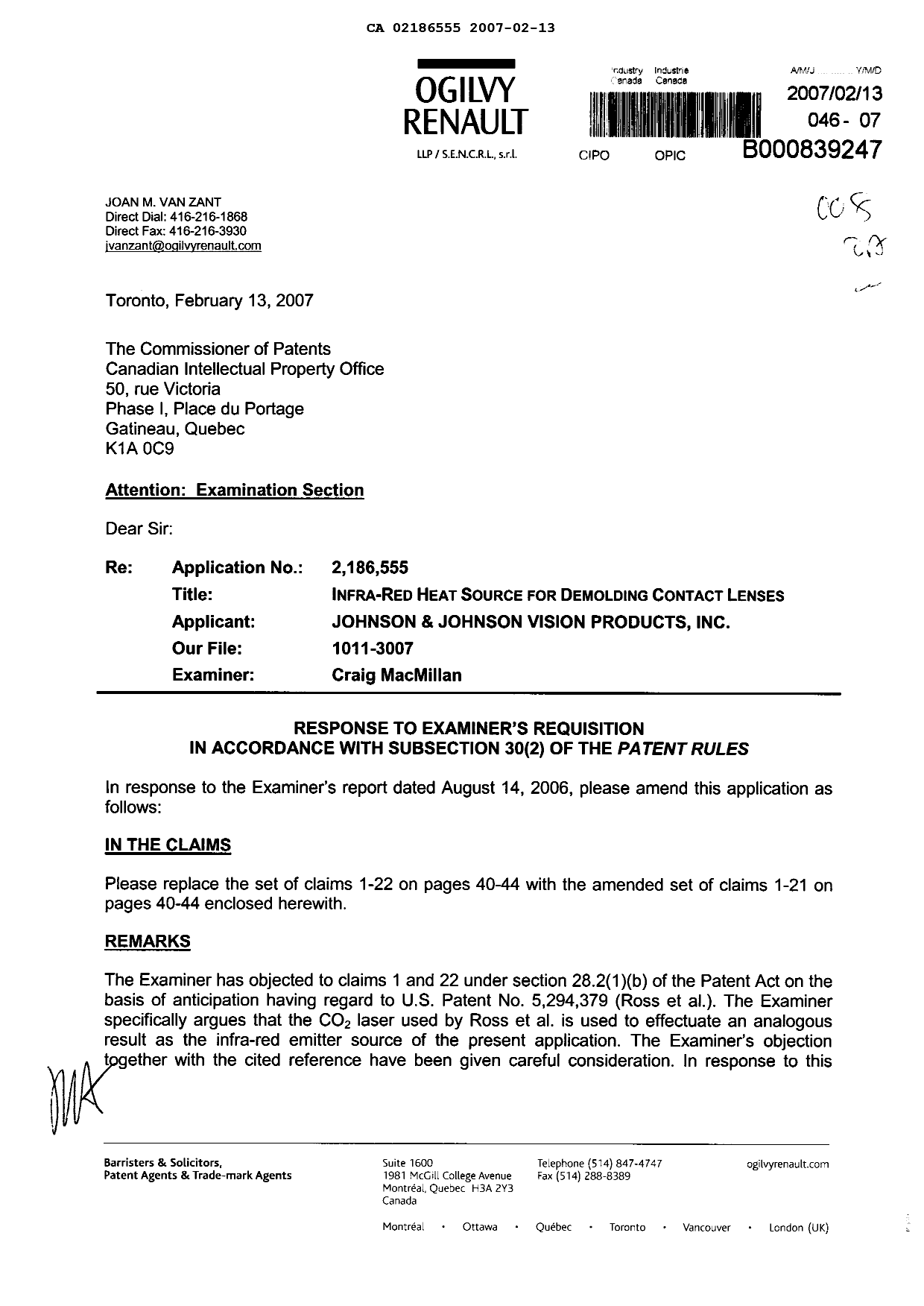 Document de brevet canadien 2186555. Poursuite-Amendment 20070213. Image 1 de 7