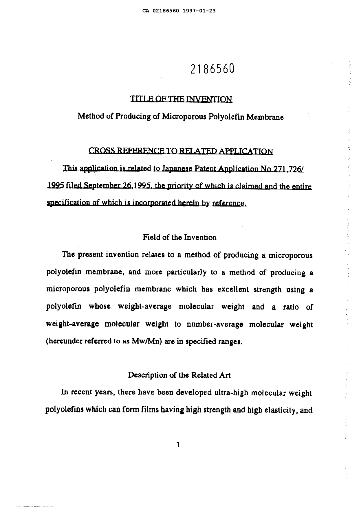 Document de brevet canadien 2186560. Description 19970123. Image 1 de 17