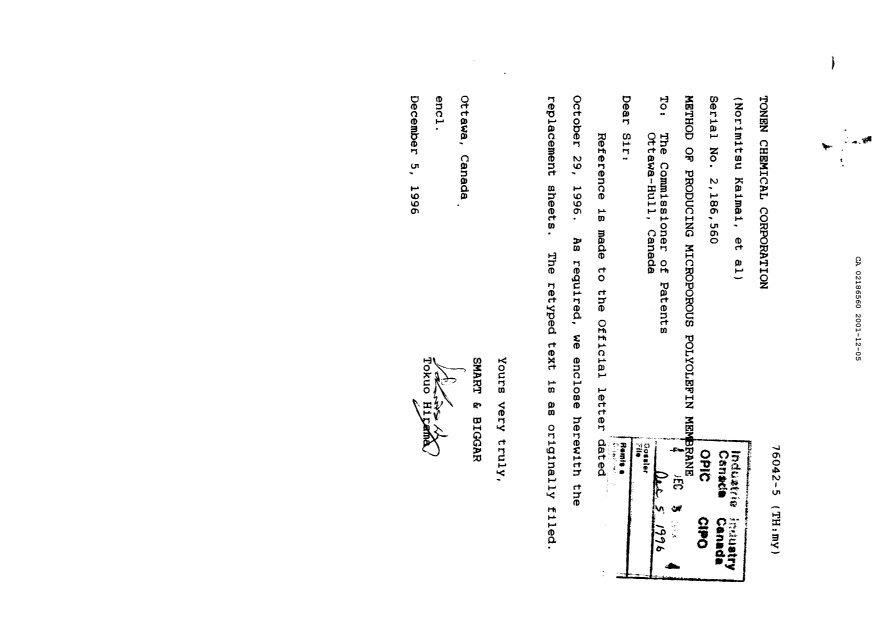 Document de brevet canadien 2186560. Correspondance 20011205. Image 1 de 10