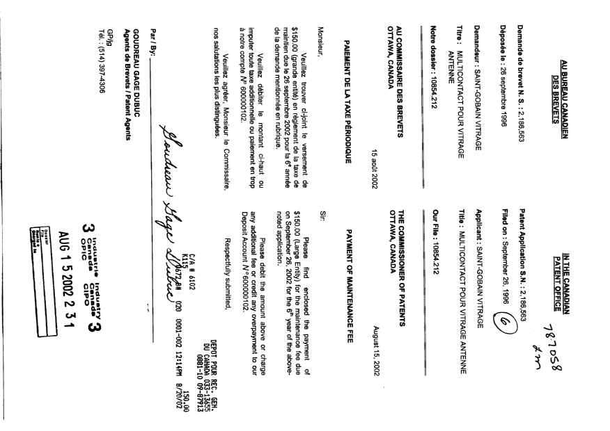 Document de brevet canadien 2186563. Taxes 20020815. Image 1 de 1