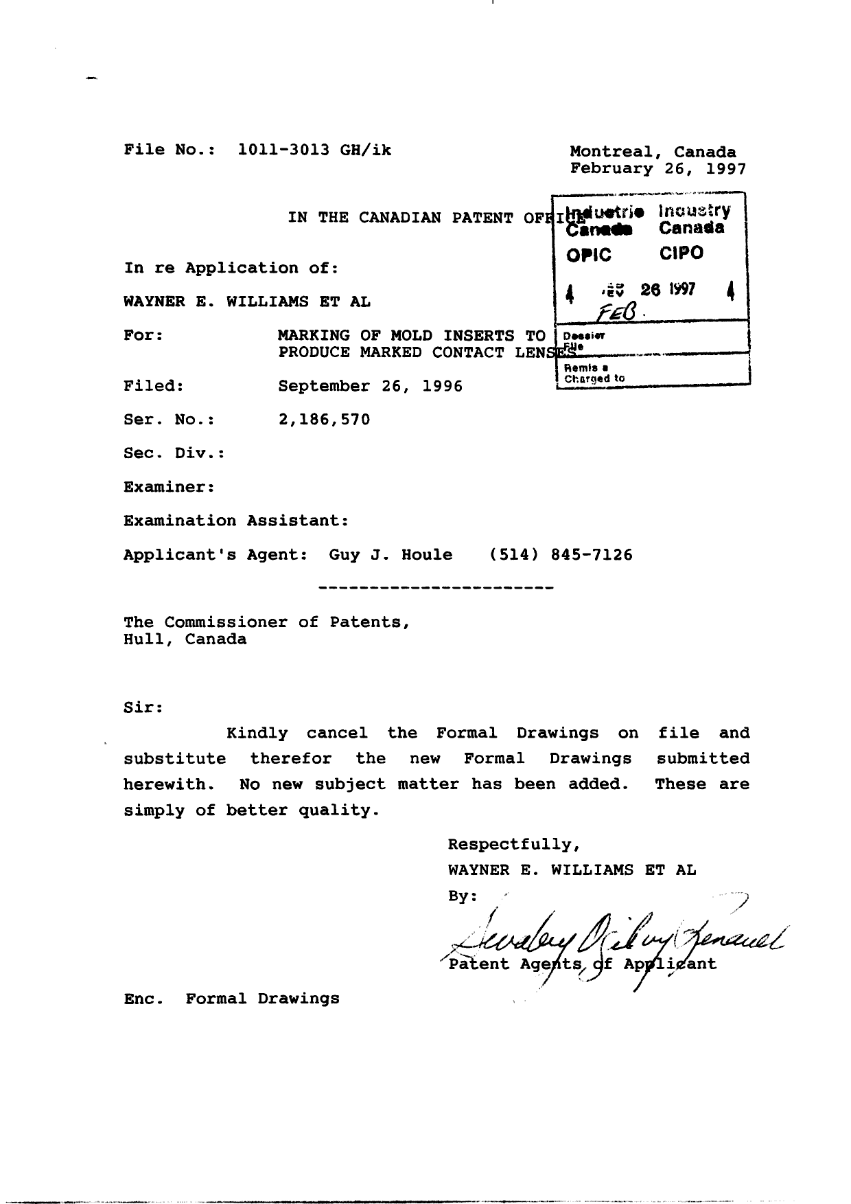 Document de brevet canadien 2186570. Correspondance 19970226. Image 1 de 4