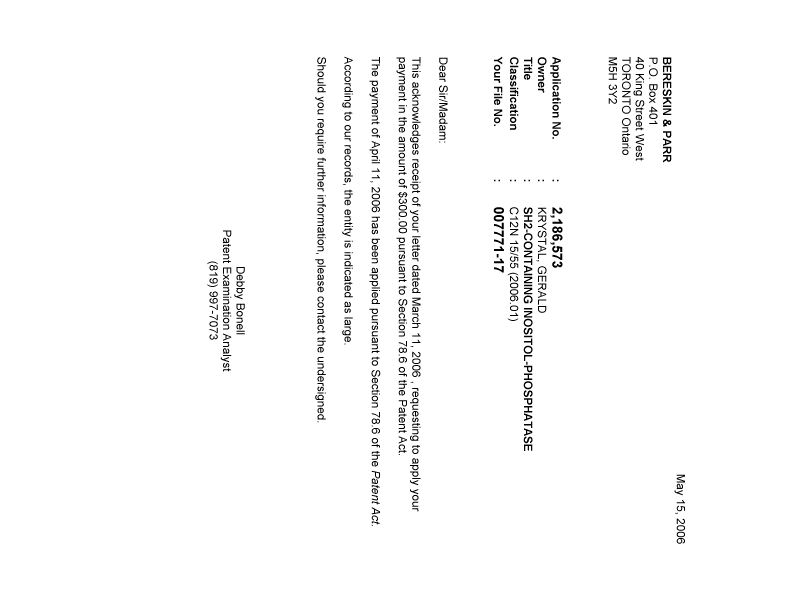 Document de brevet canadien 2186573. Correspondance 20060515. Image 1 de 1