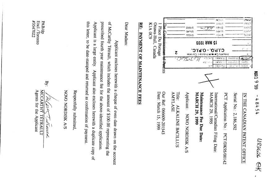 Document de brevet canadien 2186592. Taxes 19990315. Image 1 de 1
